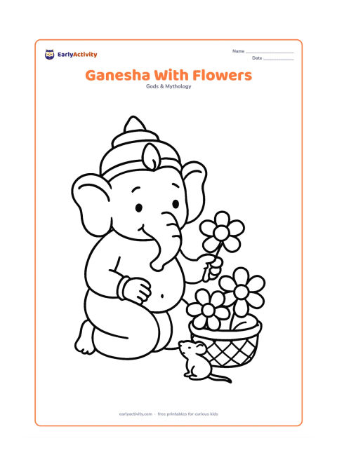 Colouring page: Lord Ganesha kneels beside a simple basket of large flowers and offers one flower with his trunk. Include his crown, large ears, round belly and a mouse looking up at him.