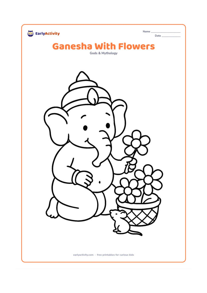 Colouring page: Lord Ganesha kneels beside a simple basket of large flowers and offers one flower with his trunk. Include his crown, large ears, round belly and a mouse looking up at him.