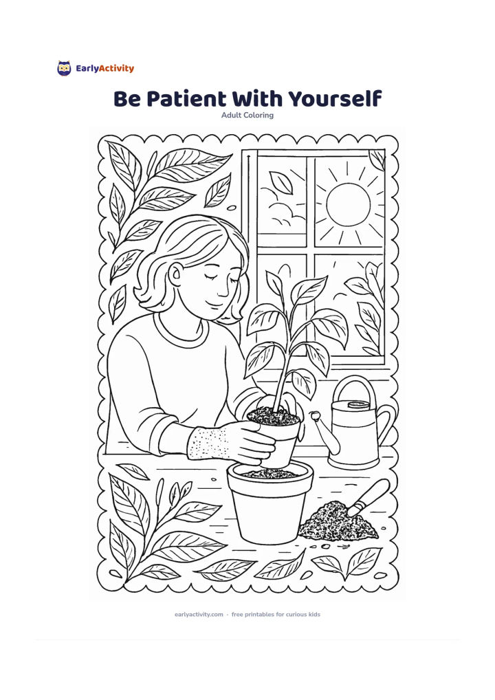 Colouring page: A person carefully repots a slightly wilted houseplant on a sunny windowsill, with fresh soil, gardening gloves, a watering can and new leaves beginning to appear. Surround the scene…