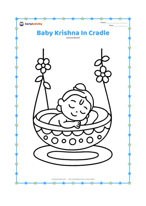 Colouring page: Draw baby Krishna resting happily in a decorated cradle, with a few simple hanging flowers and a soft mat beneath it. Keep the cradle, baby, and decorations large and centered.