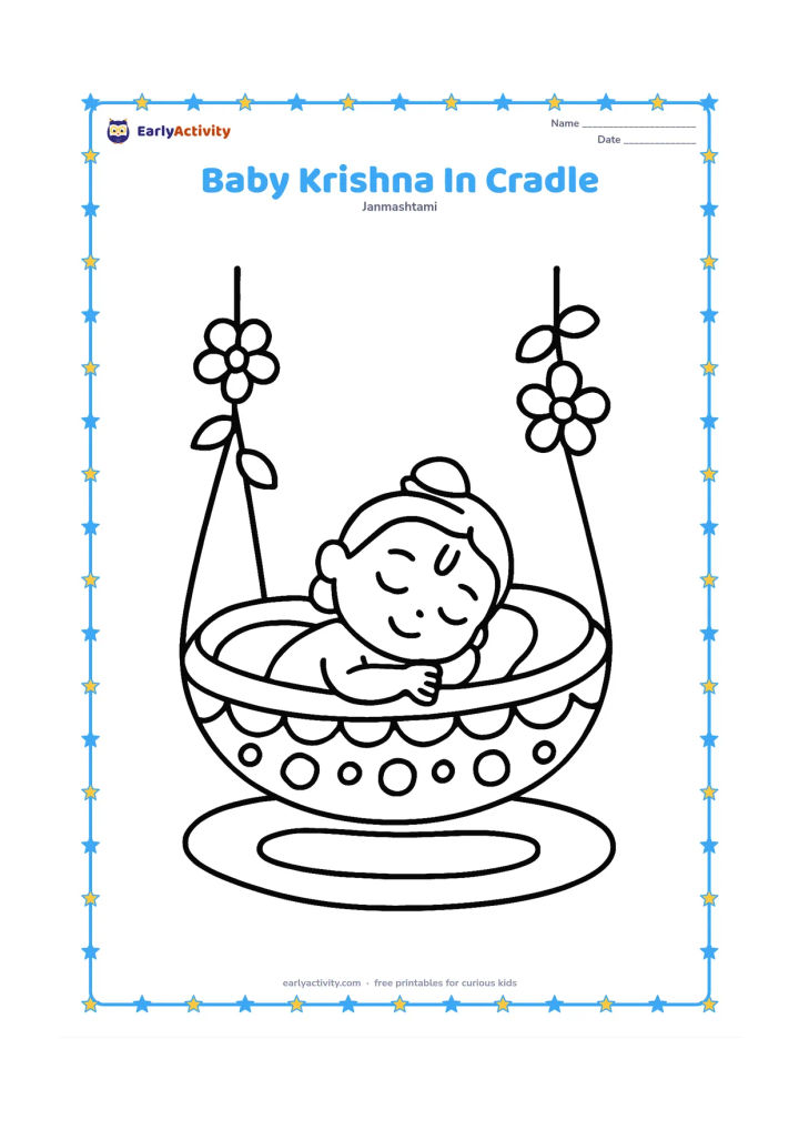 Colouring page: Draw baby Krishna resting happily in a decorated cradle, with a few simple hanging flowers and a soft mat beneath it. Keep the cradle, baby, and decorations large and centered.