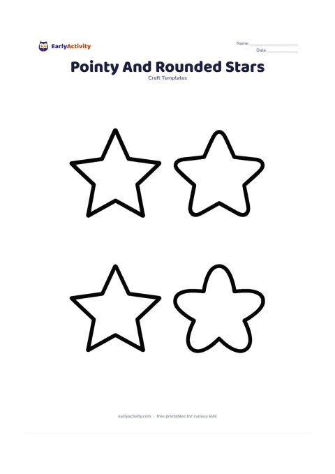 Worksheet: Show four separate star templates: two with sharp points and two with gently rounded points. Arrange them in a balanced grid with open interiors for colouring and careful cutting.