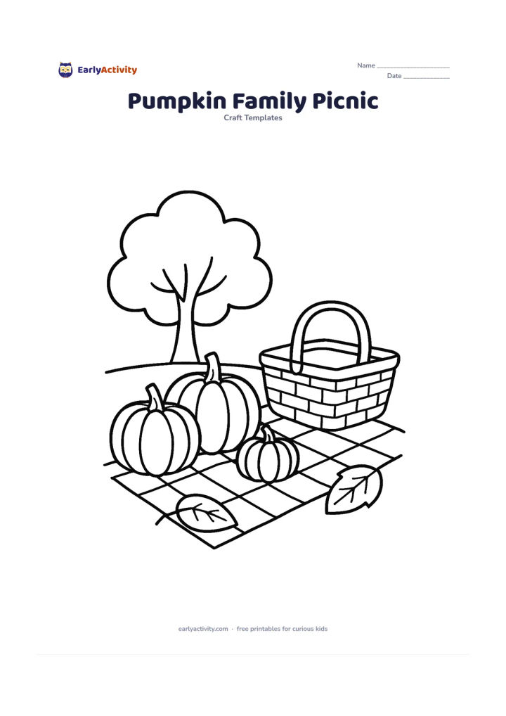 Worksheet: Three pumpkins of different sizes sit on a simple picnic cloth beside a broad basket, two leaves, and a tree with a rounded canopy. Use clear outlines and a calm open background.