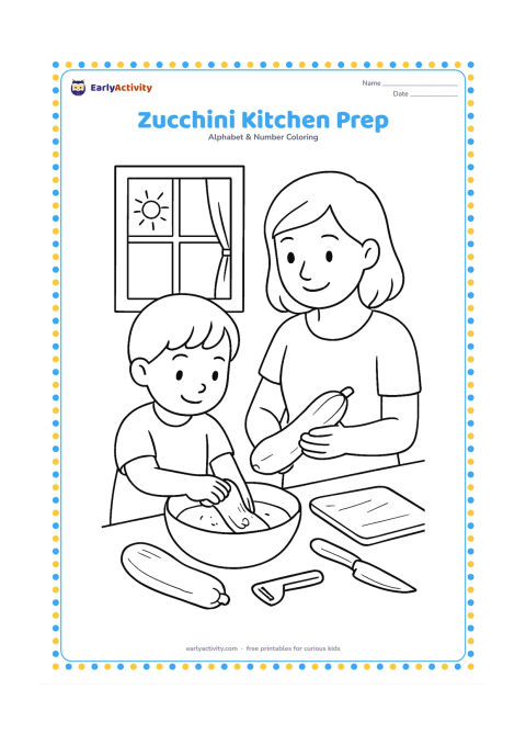 Colouring page: Draw an adult and child preparing zucchini together at a kitchen counter, with the child washing one vegetable in a bowl and the adult holding another. Add a cutting board, safe kitchen…