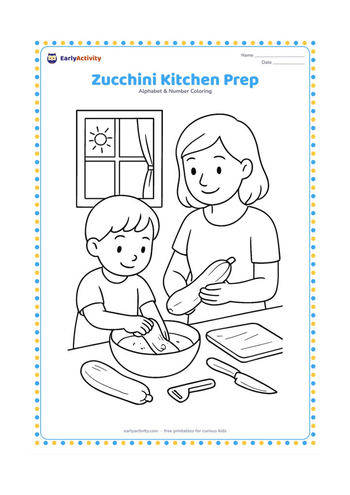 Colouring page: Draw an adult and child preparing zucchini together at a kitchen counter, with the child washing one vegetable in a bowl and the adult holding another. Add a cutting board, safe kitchen…
