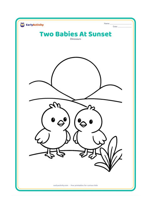 Colouring page: Draw two friendly hatchlings standing together on a low ridge, facing a large setting sun. Add three simple distant hills and one broad plant in the foreground.