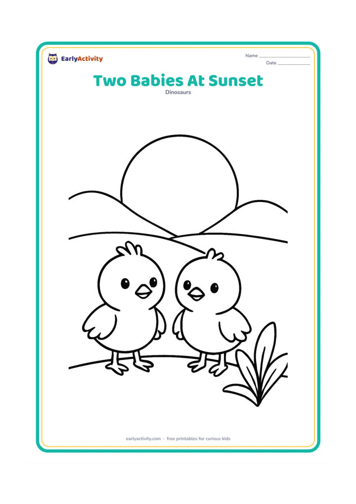 Colouring page: Draw two friendly hatchlings standing together on a low ridge, facing a large setting sun. Add three simple distant hills and one broad plant in the foreground.