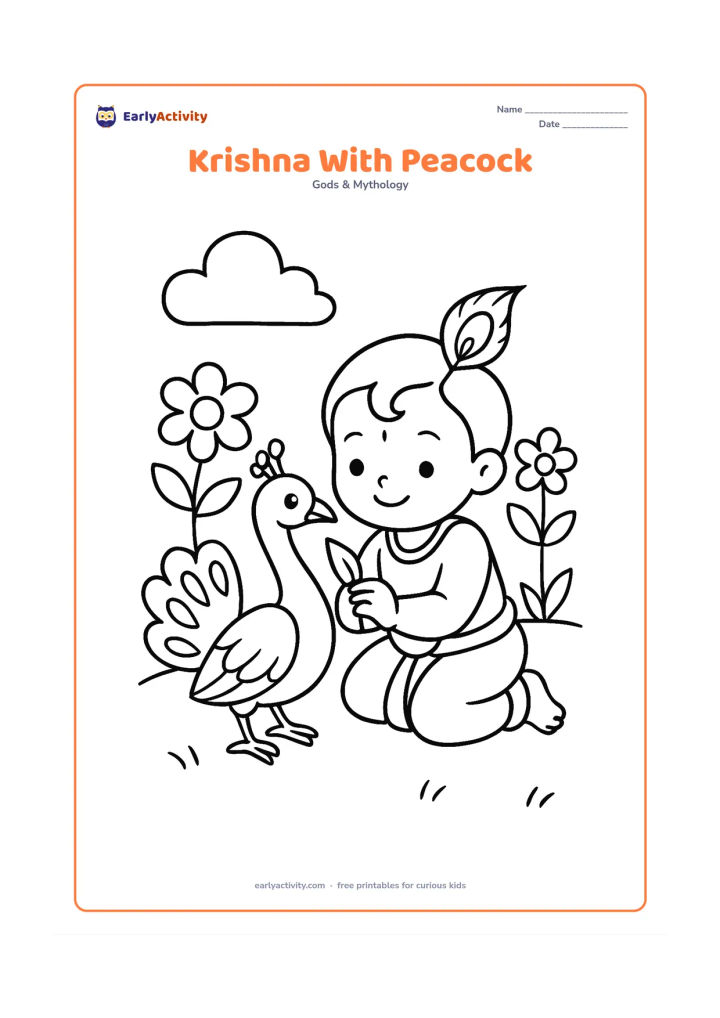 Colouring page: Baby Krishna kneels beside a friendly peacock with its tail partly open, while holding a single feather near his crown. Place both figures in a clear garden scene with two large flowers.