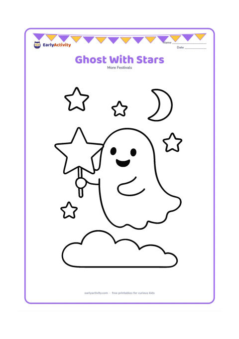 Colouring page: Draw a friendly ghost holding a large star-shaped lantern, surrounded by four round stars and a small crescent moon. Keep the ghost floating above a smooth ground cloud.
