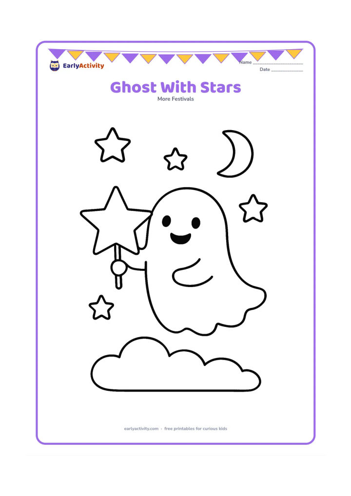 Colouring page: Draw a friendly ghost holding a large star-shaped lantern, surrounded by four round stars and a small crescent moon. Keep the ghost floating above a smooth ground cloud.
