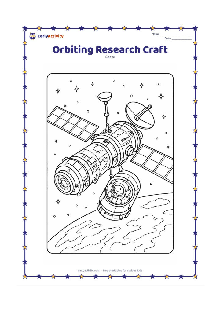 Colouring page: Show a detailed research spacecraft orbiting Earth, with layered solar panels, antenna dishes, a docking port and a transparent-looking observation section containing an astronaut.…