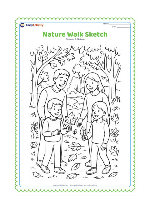Colouring page: A family walks through a woodland trail during late afternoon, comparing leaves gathered from the ground near trees, shrubs, grass and a small stream.
