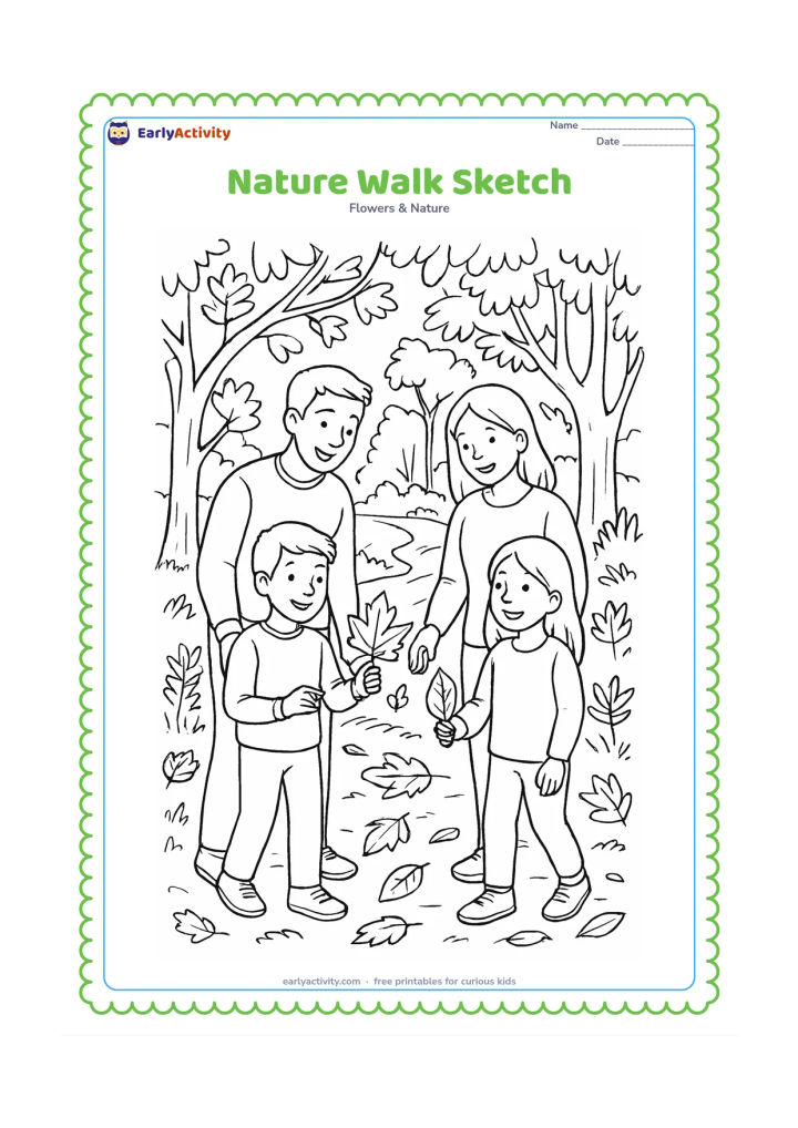 Colouring page: A family walks through a woodland trail during late afternoon, comparing leaves gathered from the ground near trees, shrubs, grass and a small stream.