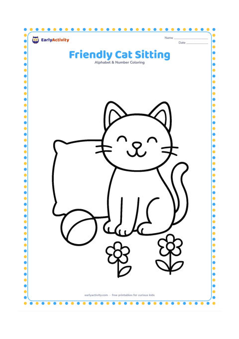 Colouring page: A smiling cat sits beside a large empty cushion, with a small ball and two simple flowers nearby. Keep the cat centered with a clear, open body shape.