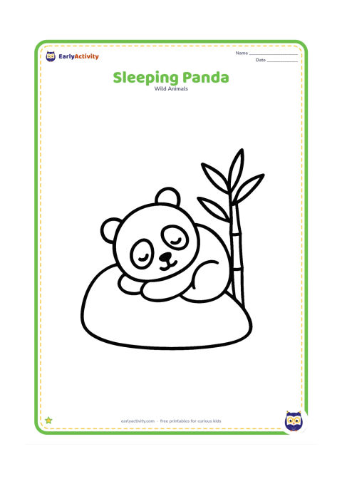 Colouring page: Draw a panda curled up asleep on a simple rounded rock, with one small curved line suggesting a peaceful breath. Add a single bamboo plant nearby.
