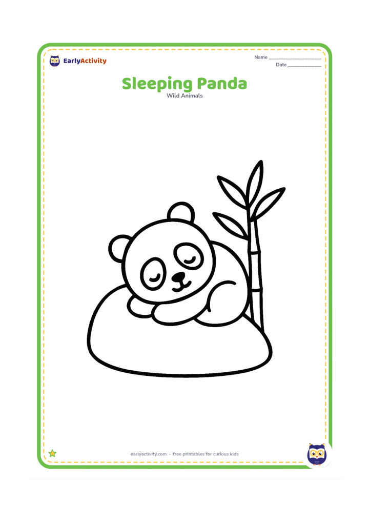 Colouring page: Draw a panda curled up asleep on a simple rounded rock, with one small curved line suggesting a peaceful breath. Add a single bamboo plant nearby.
