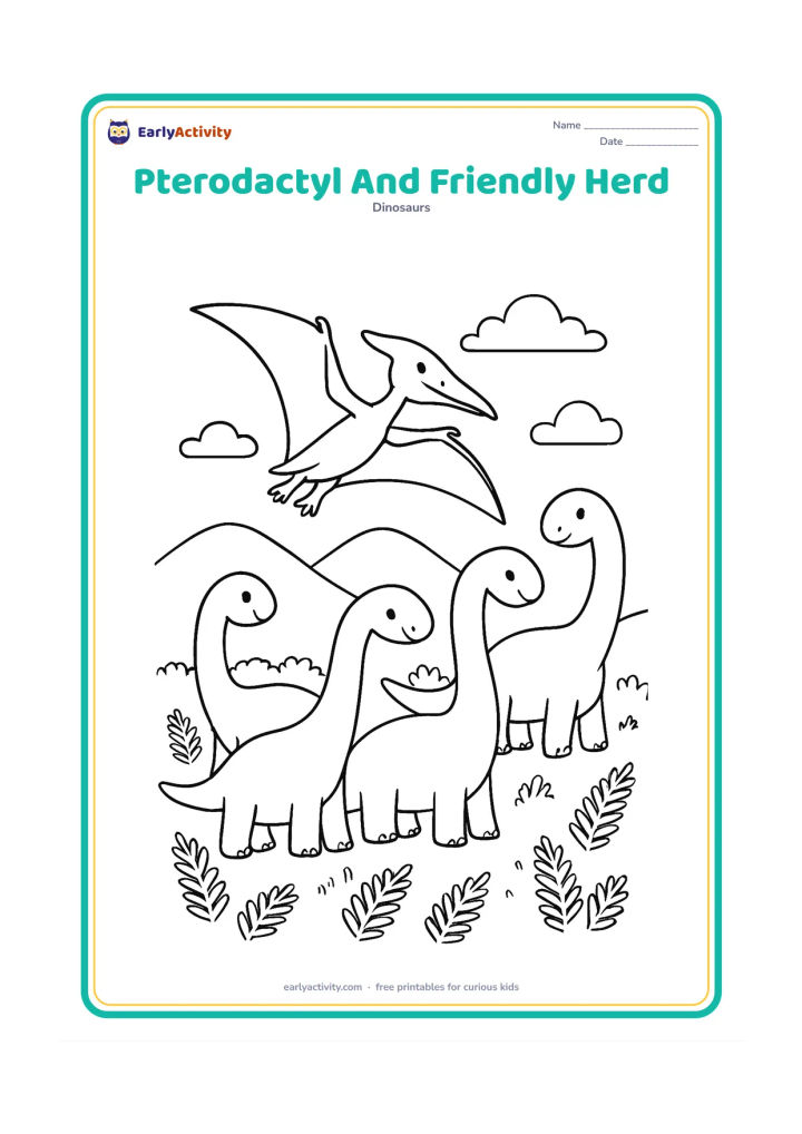 Colouring page: Draw a pterodactyl flying low beside three gentle long-necked prehistoric animals grazing in a fern meadow, with rounded hills and a few clouds behind them.
