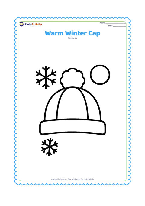 Colouring page: A large knitted winter cap with a fluffy pom-pom, resting beside two simple snowflake shapes and a round winter sun. Keep the objects centred with plenty of open space.