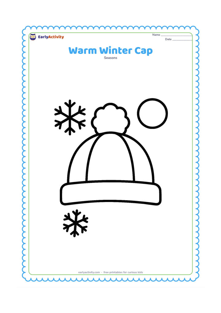 Colouring page: A large knitted winter cap with a fluffy pom-pom, resting beside two simple snowflake shapes and a round winter sun. Keep the objects centred with plenty of open space.
