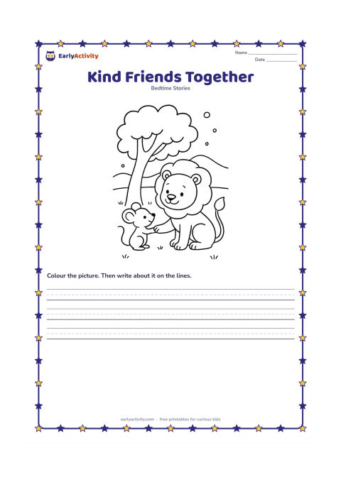 Printable: The lion bends his head toward the mouse as they touch paws in friendship beneath a large tree. Add a calm evening sky, low hills and a few fireflies without making the scene dark.