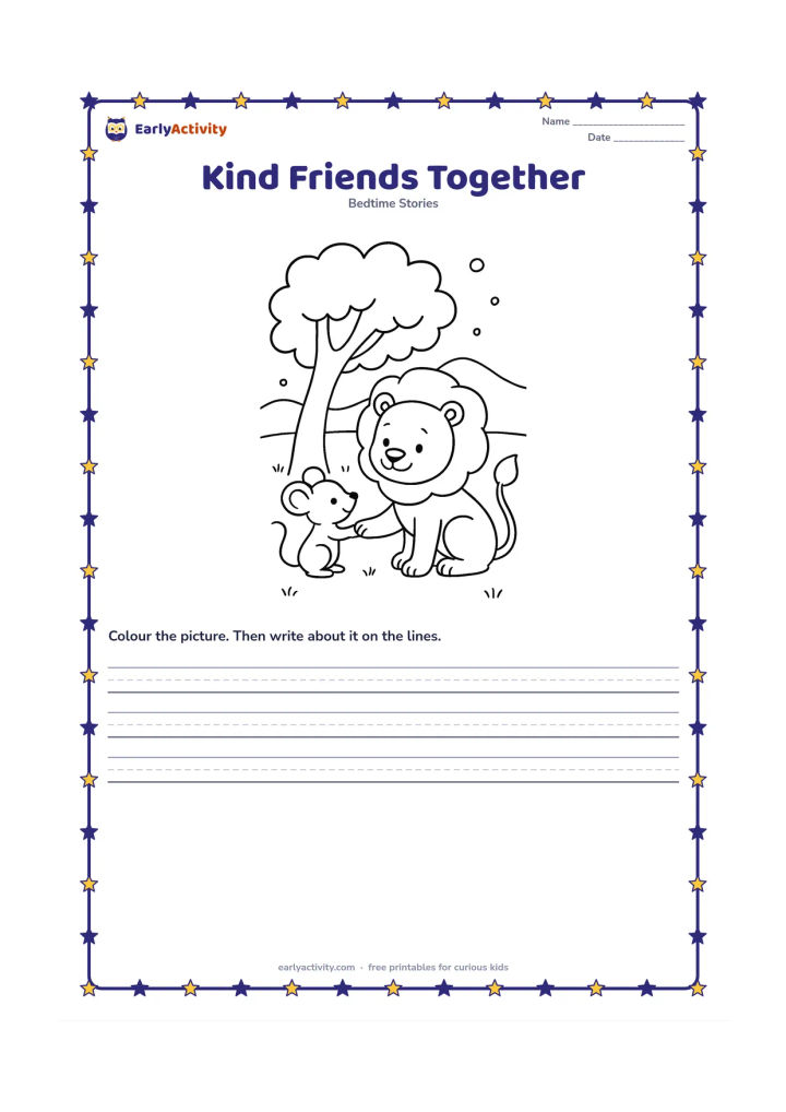 Printable: The lion bends his head toward the mouse as they touch paws in friendship beneath a large tree. Add a calm evening sky, low hills and a few fireflies without making the scene dark.