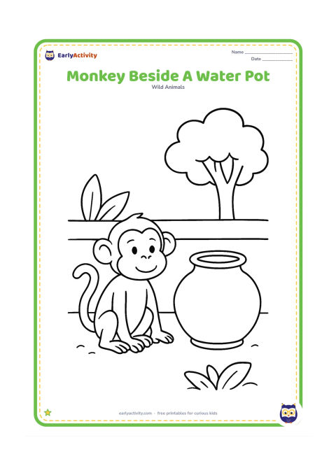 Colouring page: Draw one curious monkey sitting beside a simple earthen water pot near a tree in an Indian village setting. Add a low wall and two broad leaves.