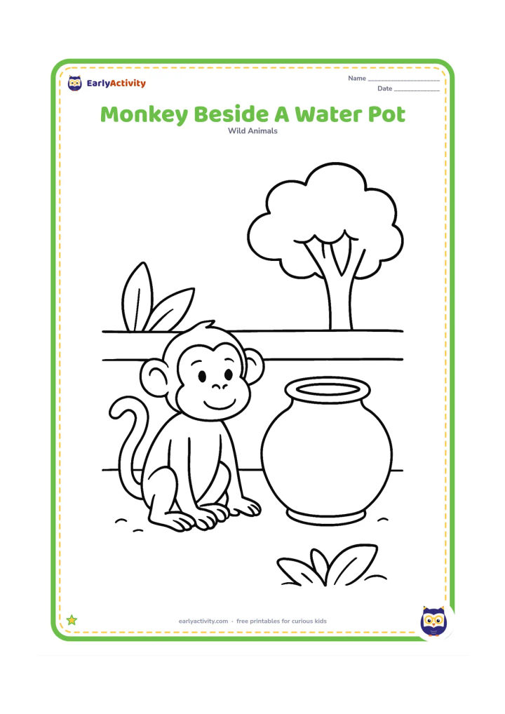 Colouring page: Draw one curious monkey sitting beside a simple earthen water pot near a tree in an Indian village setting. Add a low wall and two broad leaves.