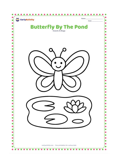 Colouring page: Draw a large butterfly hovering beside a simple pond with two lily pads, one water ripple, and a single flower. Place the butterfly prominently in the upper half of the picture.