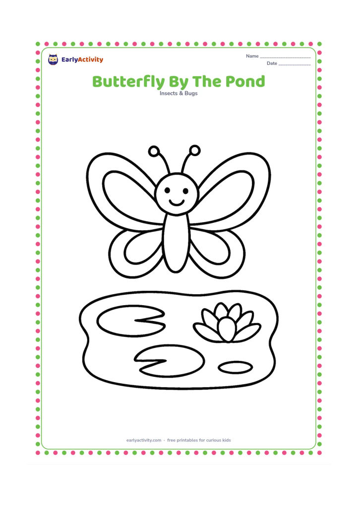 Colouring page: Draw a large butterfly hovering beside a simple pond with two lily pads, one water ripple, and a single flower. Place the butterfly prominently in the upper half of the picture.