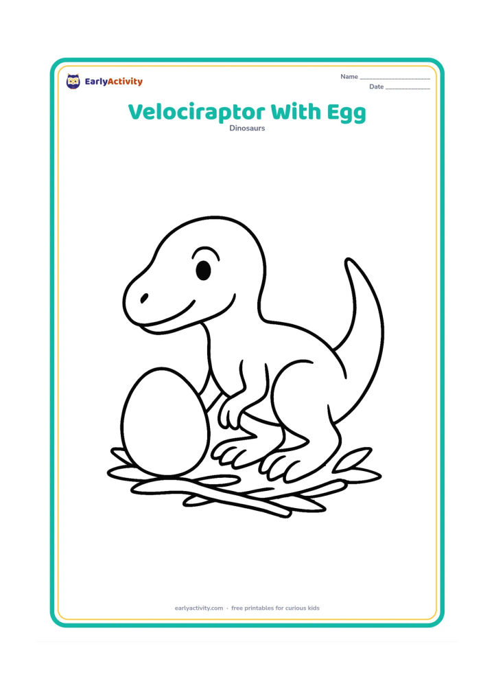 Colouring page: A gentle velociraptor crouches beside one large round egg in a shallow nest made from a few sticks and leaves. Its head bends toward the egg without touching it.