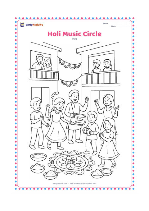 Colouring page: Children and adults form a joyful music circle in a courtyard, with dhol, hand cymbals and clapping dancers. Add colourful powder bowls, garlands, a rangoli and neighbours watching from…