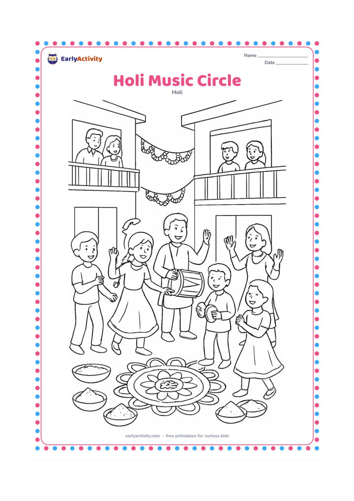 Colouring page: Children and adults form a joyful music circle in a courtyard, with dhol, hand cymbals and clapping dancers. Add colourful powder bowls, garlands, a rangoli and neighbours watching from…