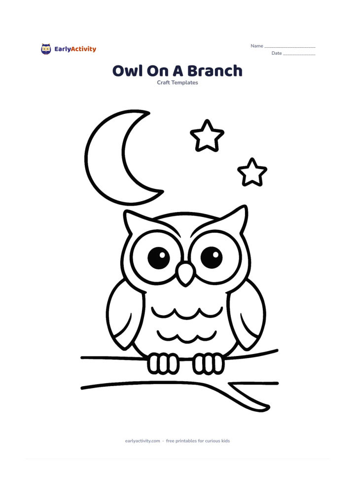 Worksheet: Draw a front-facing owl sitting on a thick branch at night, with two large circular eyes, a small beak and broad feather sections. Add one large crescent moon shape and two simple stars…