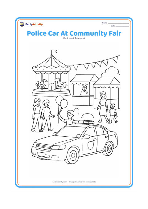 Colouring page: Draw a police car parked beside a friendly community fair, with detailed windows, mirrors, roof lights and a plain door badge. Add a carousel, bunting with no writing, a balloon seller,…