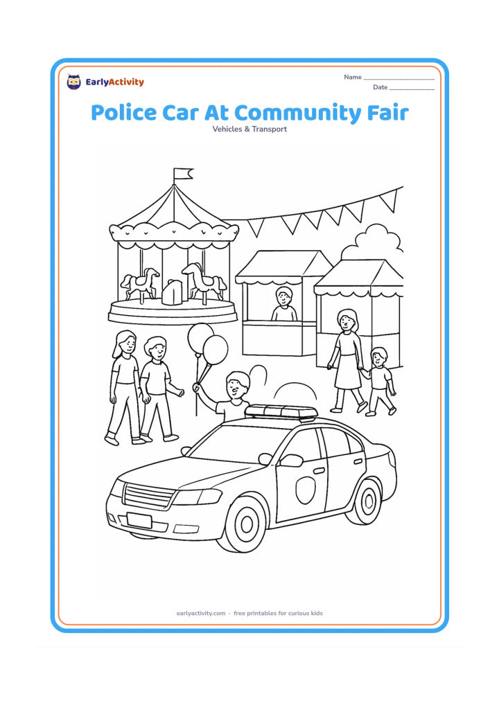 Colouring page: Draw a police car parked beside a friendly community fair, with detailed windows, mirrors, roof lights and a plain door badge. Add a carousel, bunting with no writing, a balloon seller,…