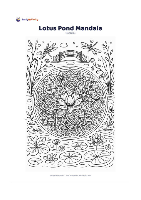 Colouring page: A large radial mandala built from layered lotus petals, lily pads, curling vines and small pond flowers, with two calm lotus blooms at the centre. Surround the design with ripples,…