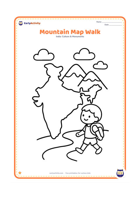 Colouring page: Show a child walking beside a large, simple India map outline, with three rounded northern mountain peaks behind the map and a small backpack on the child. Include a few clouds and a…