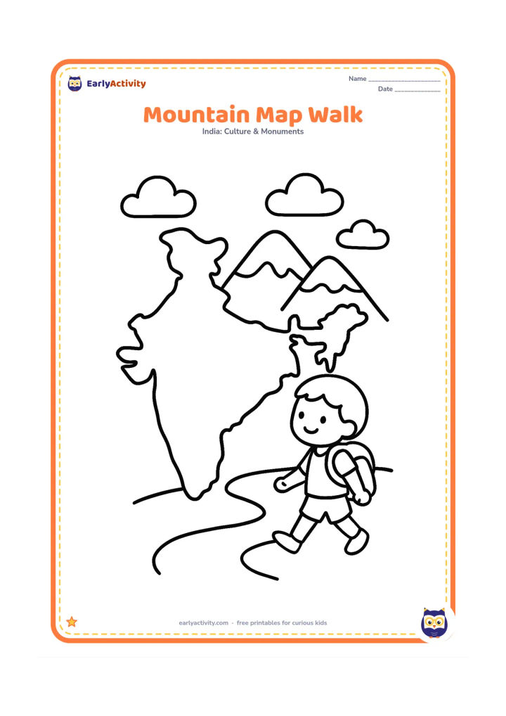 Colouring page: Show a child walking beside a large, simple India map outline, with three rounded northern mountain peaks behind the map and a small backpack on the child. Include a few clouds and a…