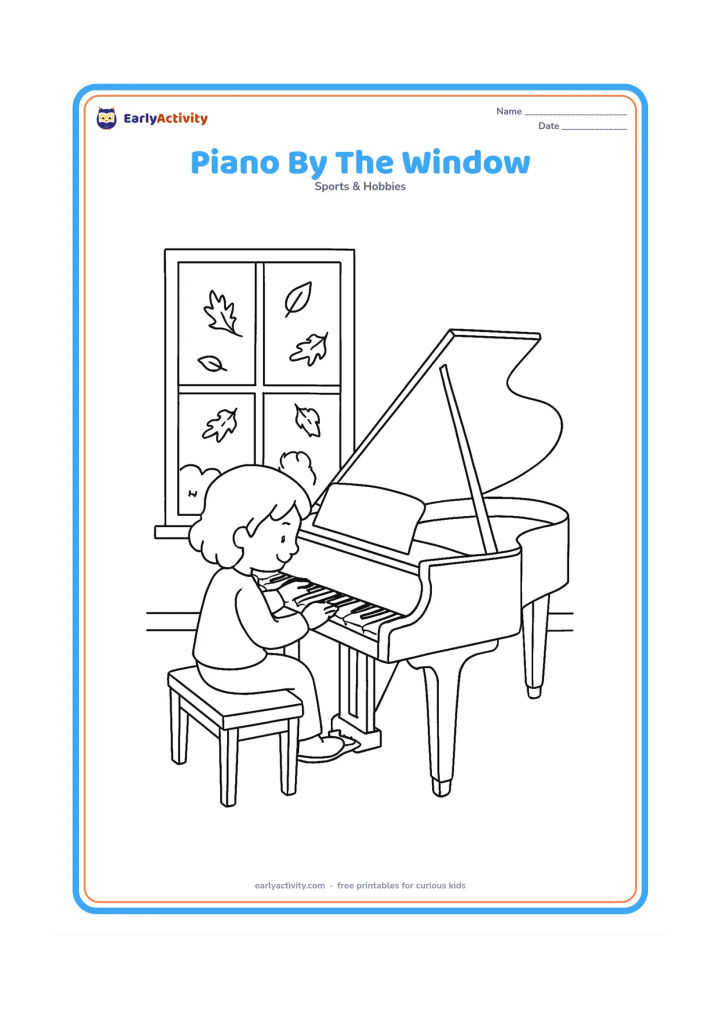Colouring page: A grand piano fills the centre of a bright room as a child plays it. Through the tall window, show autumn leaves falling beside a small garden.