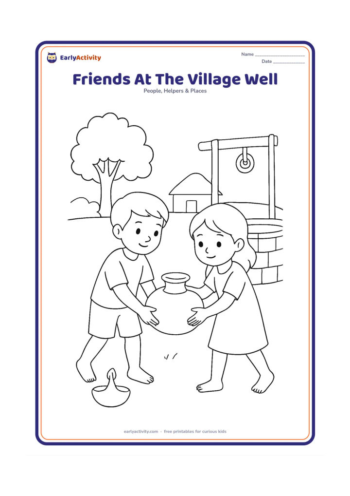 Colouring page: Two children help one another carry a small water pot near a village well, with one child holding the handle and the other steadying the pot. Include a low wall, a tree, a clay lamp…