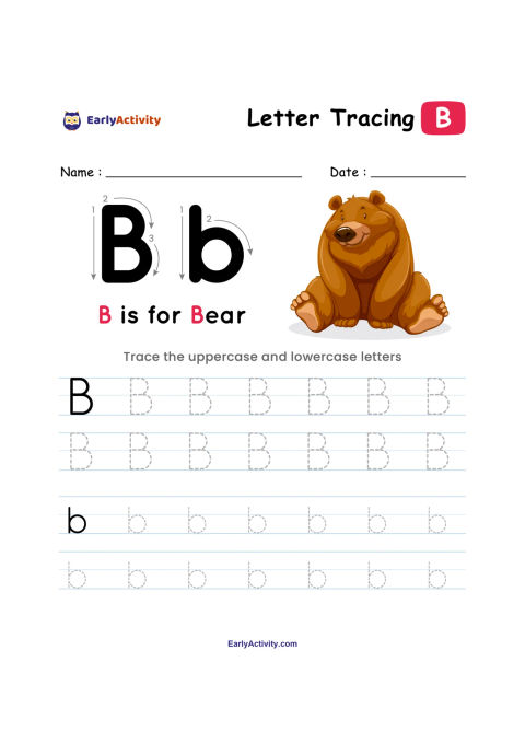 Tracing worksheet with uppercase and lowercase B letters, a sentence saying B is for Bear, and a seated bear illustration.
