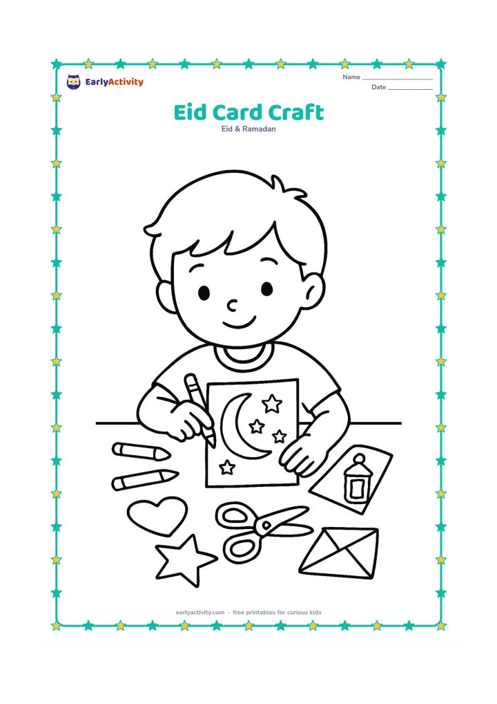 Colouring page: A child decorates a blank greeting card with a crescent, stars, and a simple lantern while sitting at a craft table. Include crayons, scissors with rounded tips, paper shapes, and a gift…