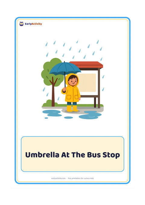 Flashcard: Draw a child holding an open umbrella while waiting beside a simple covered bus shelter during monsoon rain. Add puddles, a raincoat and a leafy roadside tree.