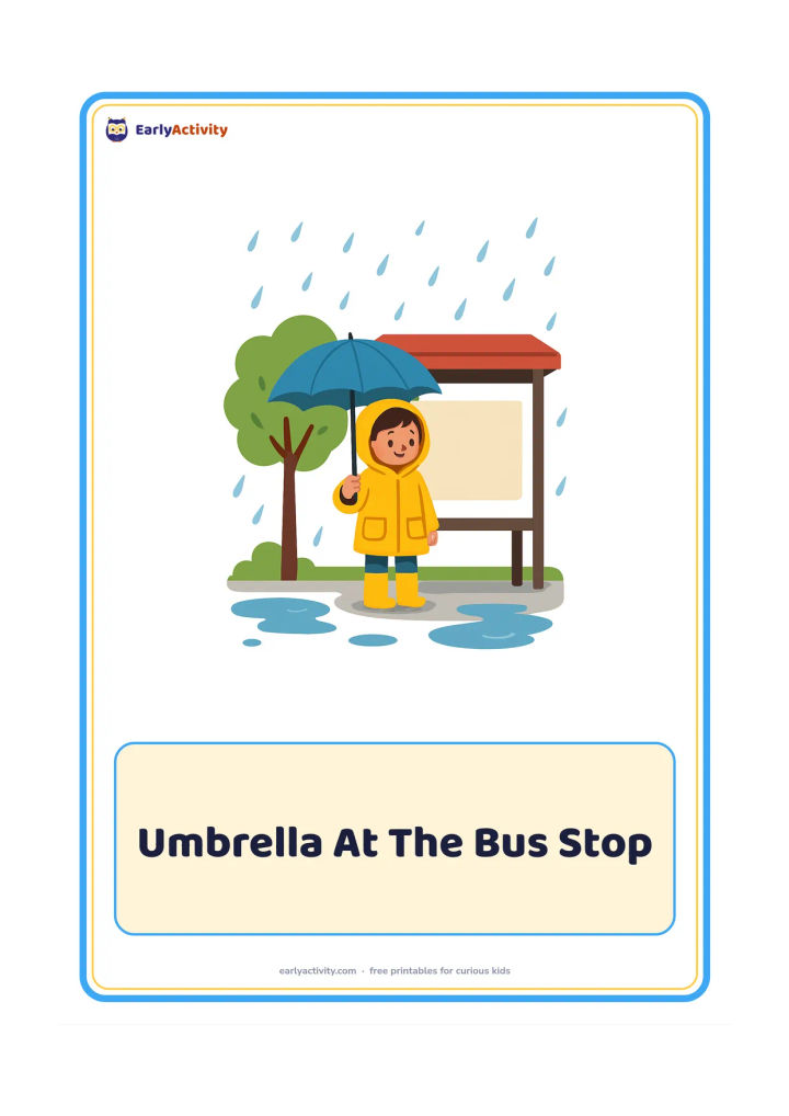 Flashcard: Draw a child holding an open umbrella while waiting beside a simple covered bus shelter during monsoon rain. Add puddles, a raincoat and a leafy roadside tree.