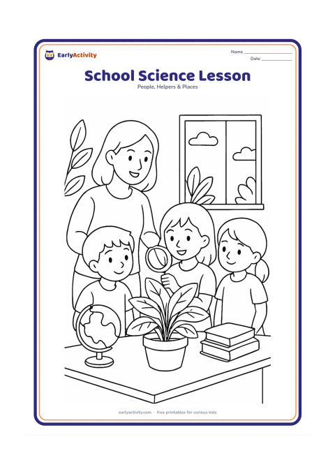 Colouring page: A teacher guides three children as they observe a large potted plant with a magnifying glass at a classroom table. Add a globe, books, a window with clouds and several simple plant…