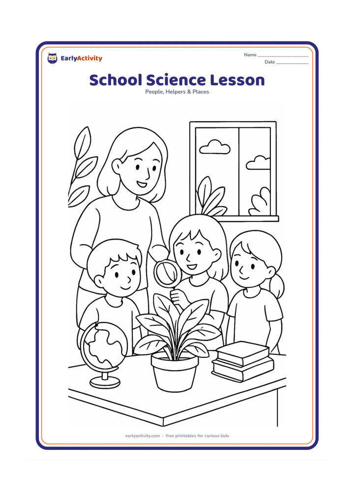 Colouring page: A teacher guides three children as they observe a large potted plant with a magnifying glass at a classroom table. Add a globe, books, a window with clouds and several simple plant…
