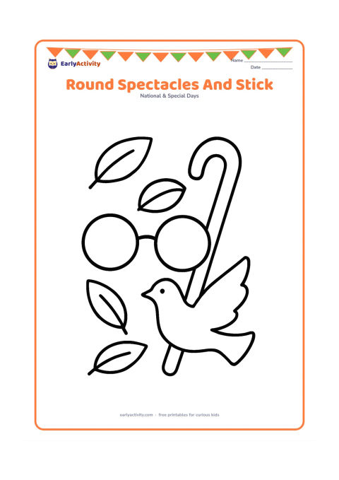 Colouring page: Create a large symbolic arrangement of round spectacles leaning beside a walking stick, with three simple leaves and a small peaceful dove silhouette nearby. The objects should fill the…