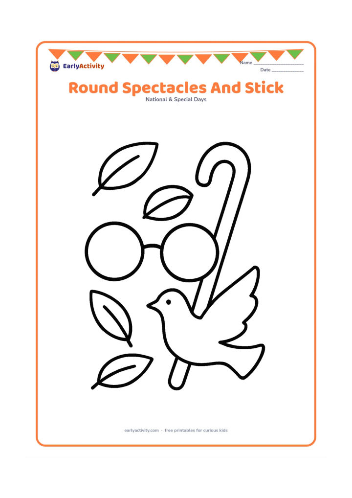 Colouring page: Create a large symbolic arrangement of round spectacles leaning beside a walking stick, with three simple leaves and a small peaceful dove silhouette nearby. The objects should fill the…