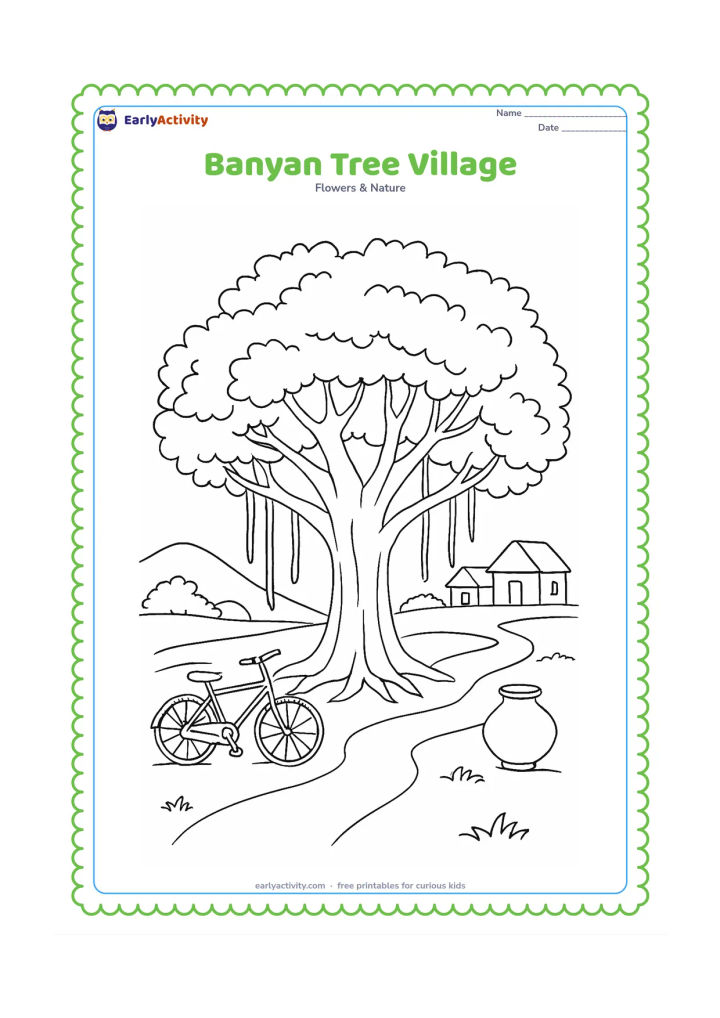 Colouring page: Draw a wide banyan tree with a spreading crown, a few hanging aerial roots, and a small village path leading past it. Include a bicycle, a clay water pot, and two distant simple houses…