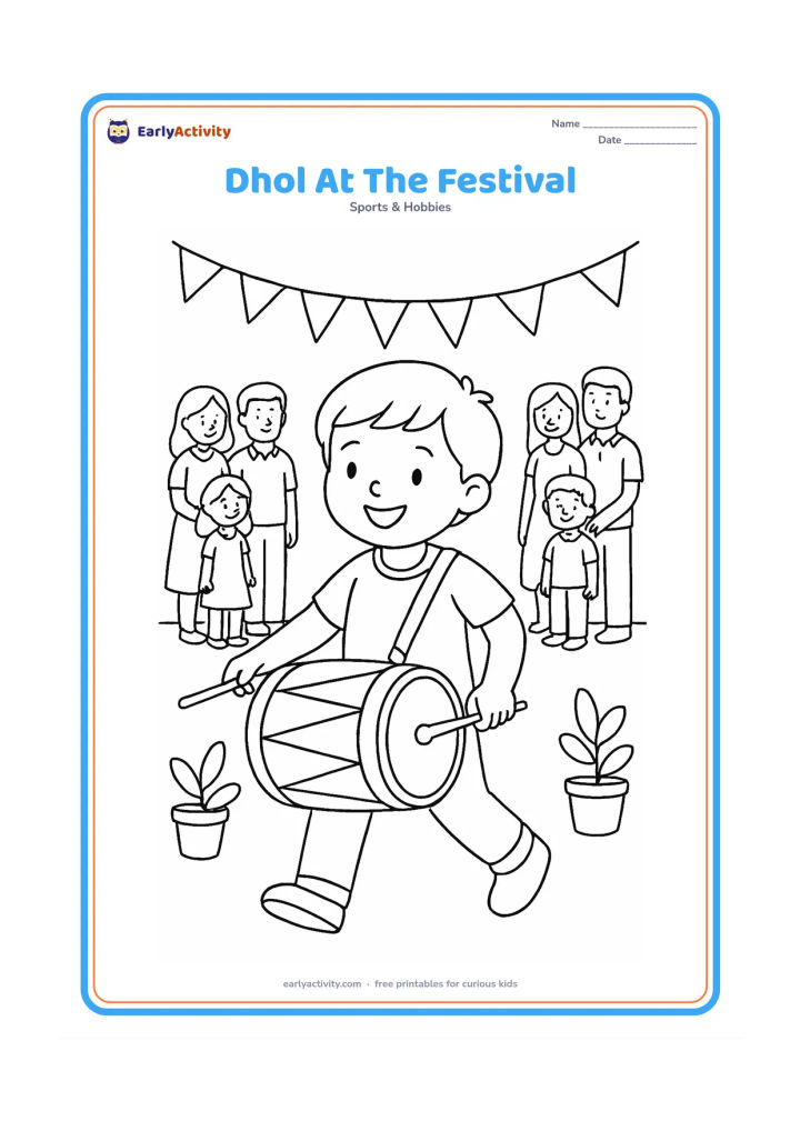 Colouring page: A smiling child plays a large Indian dhol hanging across the body during a daytime neighbourhood festival. Include simple bunting without patterns, potted plants and two watching families.